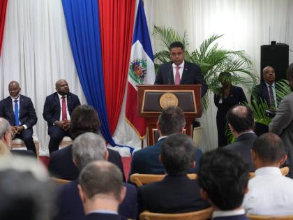 Presidential Council Chair Laurent Saint-Cyr speaks during a ceremony marking the end of the transitional council’s almost two-year rule, in Port-au-Prince, Saturday, February 7.