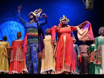 Marlon D. Simms takes the lead as Kumina King and Keita-Marie Chamberlain Clarke, the Queen, in the Rex Nettleford-choreographed ‘Kumina’ at the Remembering Rex showcase at the Little Theatre last Tuesday.