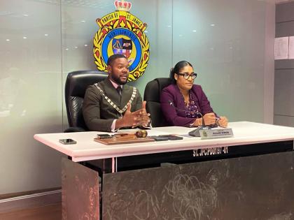 Municipal Corporation’s monthly meeting on February 12. Listening is the St James Municipal Corporation’s Chief Executive Officer, Naudia Crosskill.