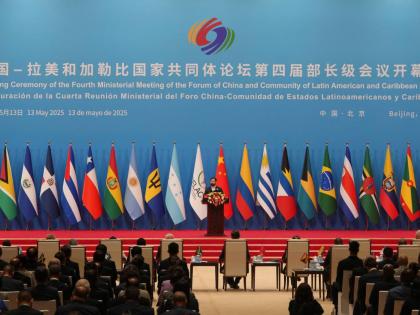 Chilean President Gabriel Boric delivers his speech on stage during the opening ceremony of the Fourth Ministerial Meeting of the Forum of China and Community of Latin American and Caribbean States at China National Convention Centre in Beijing, Tuesday, M