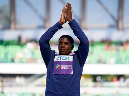 Silver medalist Marvin Bracy-Williams, of the United States, stands on the podium after the final in the men’s 100 metres run at the World Athletics Championships on July 17, 2022, in Eugene, Oregon.