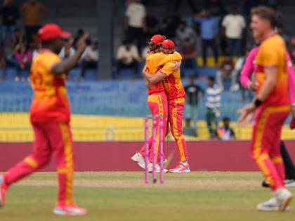 Zimbabwe’s players celebrates after winning the T20 World Cup cricket match against Australia in Colombo, Sri Lanka on Friday.