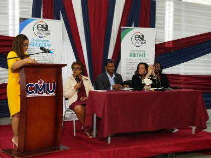 Presenters at the ‘Advancing the Circular Economy’ Workshop, staged at the Caribbean Maritime University on Tuesday. Among them is Eleanor Jones (seated, first from left), head of Environmental Solutions Limited, which organised the event.