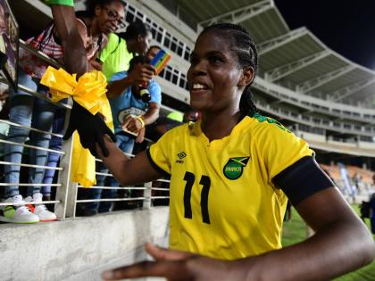 Captain Khadija Shaw greets fans during a Concacaf Women’s World Cup qualifier against the Dominican Republic at Sabina Park on Tuesday, April 12, 2022.