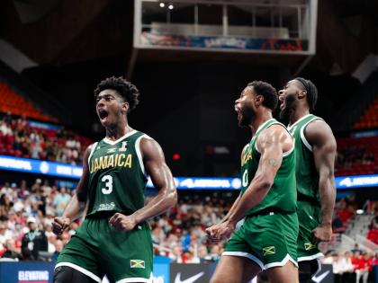From left: Jamaica’s Chase Audige, Jordan Kellier, and Giovanni Fraser celebrating during a FIBA Basketball World Cup Qualifier against Puerto Rico.  