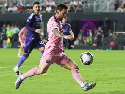 Inter Miami forward Lionel Messi controls the ball during the second half of a Leagues Cup semifinal match against Orlando City on Wednesday, August 27, 2025, in Fort Lauderdale, Florida.