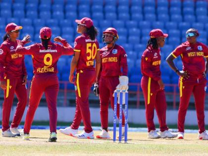 West Indies Women celebrate the fall of a Sri Lankan wicket during yesterday’s One Day International in Grenada. 