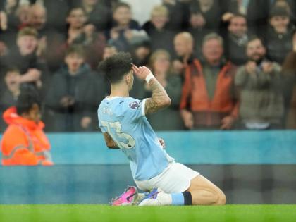 
Manchester City’s Nico O’Reilly celebrates after scoring during the English Premier League football match against Newcastle in Manchester, England, yesterday.