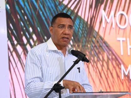 Prime Minister Dr Andrew Holness addressing the groundbreaking of Moon Palace The Grand Montego Bay in St James on Monday, August 11.
