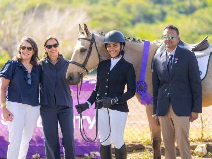 THUNDER, the Best Presented horse winner at the FEI Eventing World Challenge at the Kingston Polo Club on February 8, is pictured with (from left) Samantha Albert, ground jury member; Rosanna Lagunes, judge; Zahra-Lys King, a rider from Trinidad and Tobago