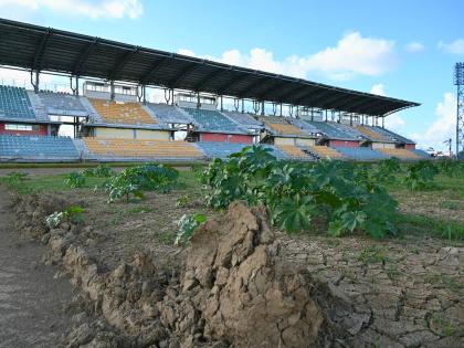 Vegetation taking root on the playing field at the Montego Bay Sports Complex.
