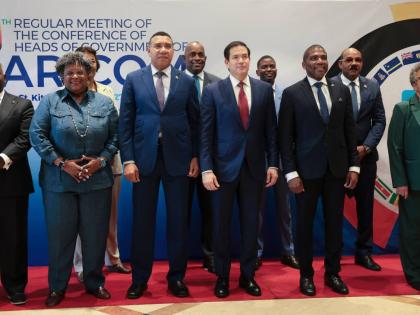 US Secretary of State Marco Rubio, centre front in red tie, poses for a group photo with other government officials attending CARICOM meeting in Basseterre, Saint Kitts and Nevis, in February. Pictured are, Bahamas’ Prime Minister Philip Edward Davis, le