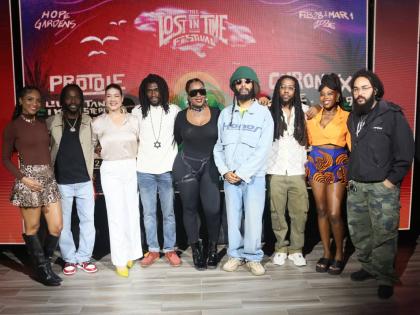 Festival conceptualiser and day-one headliner Protoje (fourth right) poses with fellow performers (from left) Naomi Cowan, Jesse Royal, Tessanne Chin, Dahvid Slur, Yeza, Royal Blu, Joby Jay, and Iotosh at the media launch of the Lost In Time Festival earli