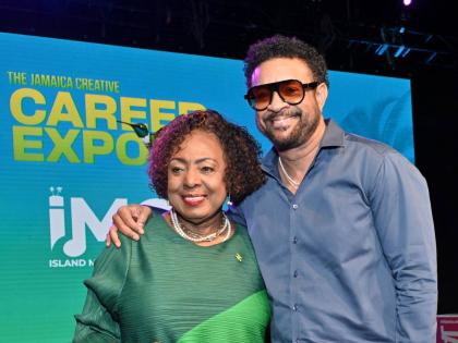 Minister of Culture, Gender, Entertainment and Sport Olivia Grange (left) and Orville ‘Shaggy’ Burrell, founder and chairman of the Island Music Conference.