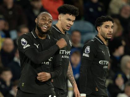 
Manchester City’s Antoine Semenyo (left) reacts after scoring during the Premier League football match against Leeds United in Leeds, England, yesterday.