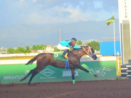 
FLORINDIA, ridden by Tajay Suckoo, runs away with the The Allan E ‘Billy’ Williams Memorial Trophy over seven furlongs at Caymanas Park yesterday.