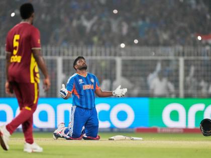 India's Sanju Samson looks to the heavens after India won the T20 World Cup cricket match against West Indies in Kolkata, India on March 1, 2026. (AP Photo/Bikas Das)