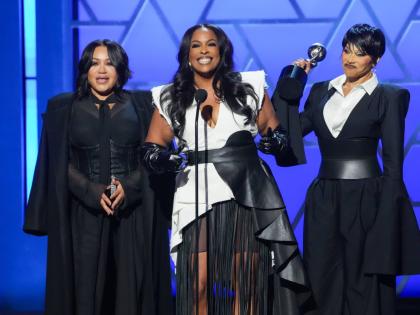 From left: Cheryl ‘Salt’ James, Deidra ‘Spinderella’ Roper and Sandra ‘Pepa’ Denton of Salt-N-Pepa accept the Hall of Fame award during the 57th NAACP Image Awards. 