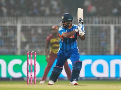India’s Sanju Samson plays a shot during the T20 World Cup cricket match between India and West Indies in Kolkata, India yesterday.