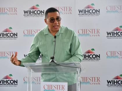 Prime Minister Dr Andrew Holness speaking at the launch of WIHCON’s Chester Creek housing development in Portmore, St Catherine on March 3, 2026.