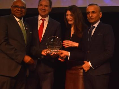 Jamaica’s Minister of Tourism, Edmund Bartlett (left), shares a moment with S Hotel’s CEO Christopher Issa, the company’s UK representative Victoria Cranmer, and PATWA Secretary General Yatan Ahluwalia during the awards presentation at ITB Berlin in 