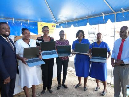 From left:  Donmayne Gyles, Andrews Memorial Hospital CEO; Erica Myers, Infection Control & Prevention Nurse, BRH; Diana Brown-Miller CEO, BRH; Jodi-Ann Porter, senior customer care officer, BRH; Maria Stampp, director of Nursing Services, BRH; Ingrid Step