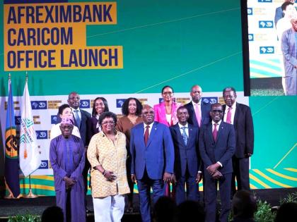 This 2023 photo shows (from left) Benedict Oramah, then president of African Export-Import Bank (Afreximbank), with Mia Mottley, prime minister of Barbados; Ralph Gonsalves, former prime minister of St. Vincent and the Grenadines; Phillip Pierre, prime min