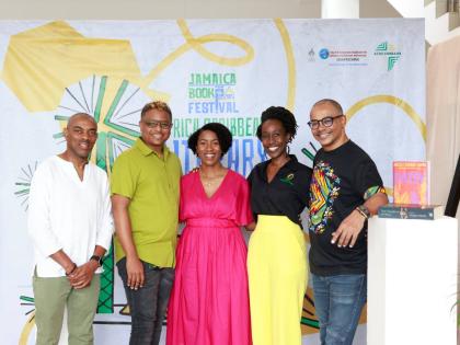 Andrea Dempster Chung (centre), moderator of the  building black arts ecosystems panel, poses with panellists (from left) Institute of Caribbean Studies lecturer and author, Kam-Au Amen; Cultural and Creative Industries Alliance of Jamaica Co-Chair Kaiel E