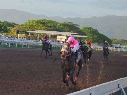 RIDEALLDAY, ridden by overseas-based jockey Javier Castellano, wins the fourth running of the Mouttet at Caymanas Park on Saturday, December 6, 2025.