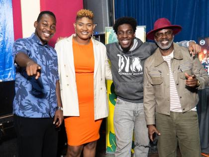 From left: Gospel artiste Prince Saj; Alicia Taylor, vocal coach; gospel artiste Johnmark Wiggan, and media personality Ian ‘Ity’ Ellis share a moment following the conclusion of the ‘By Fire’ media launch held at the Vera Moody Concert Hall at the
