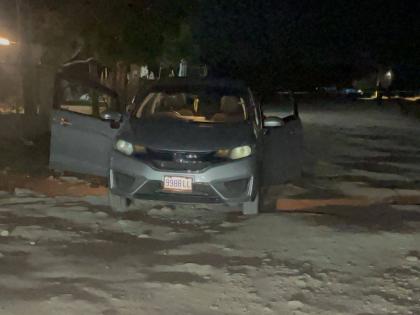 The Honda Fit motor car in which the police say four men were travelling and engaged cops in a shoot-out in Comfort district, Osborne Store, Clarendon on March 6, 2026.