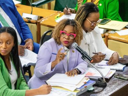 Minister of Education, Skills, Youth and Information, Senator Dr Dana Morris Dixon (centre), addresses Friday’s (March 6) meeting of the Standing Finance Committee of the House of Representatives, whose members reviewed the 2026/27 Estimates of Expenditu