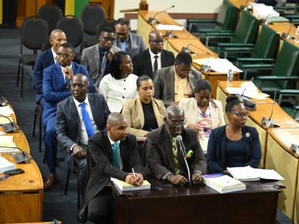 Minister of Local Government and Community Development, Desmond McKenzie (centre, front), responds to questions during a meeting of the Standing Finance Committee of the House of Representatives at Gordon House on March 6. He is joined by Minister of State