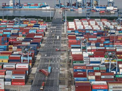 An aerial view of a container terminal in seen in Shanghai on March 10, 2026. (Chinatopix via AP)

