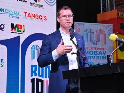 Adam Stewart, the chief executive officer of Sandals Resorts International, addressing the media launch of the Jill Stewart MoBay City Run’s [JSMCR] 10th annual staging, at the S Hotel in Montego Bay, St James on Tuesday.