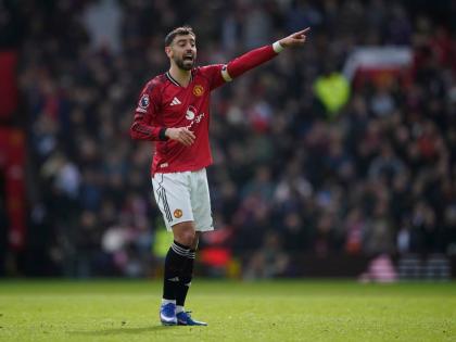 Manchester United's Bruno Fernandes reacts during the Premiier League football match between Manchester United and Aston Villa in Manchester, England on March 15, 2026. (AP Photo/Dave Thompson)