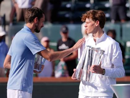 Jannik Sinner (right) of Italy is congratulated by Russia's Daniil Medvedev after Sinner won the BNP Paribas Open tennis tournament, Sunday, March 15, 2026, in Indian Wells, California