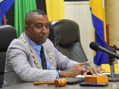 Mayor of Kingston, Councillor Andrew Swaby, addresses the monthly meeting of the Kingston and St Andrew Municipal Corporation held recently at the Corporation’s downtown Kingston offices.