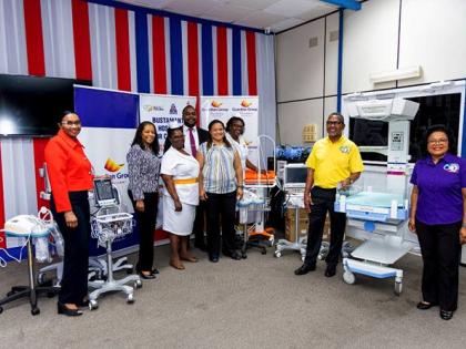 Representatives from Guardian Life Limited, along with the clinical and leadership team at Bustamante Hospital for Children, view the full set of newly delivered medical equipment on March 9 in the Conference Room at the Accident and Emergency Building. Th