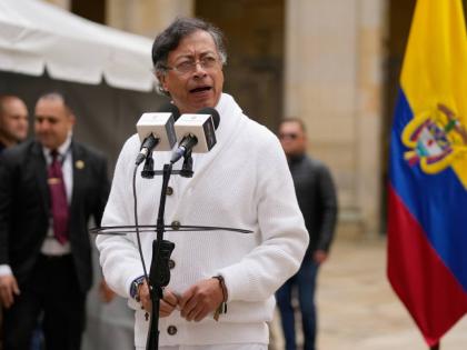 Colombia's President Gustavo Petro speaks after voting during legislative elections in Bogota, Colombia on March 8, 2026. (AP Photo/Fernando Vergara)