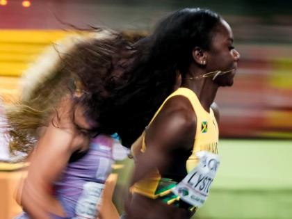 Jamaica’s Brianna Lyston edges ahead during the women’s 60-metre semi-final at the World Athletics Indoor Championships inside the Kujawsko-Pomorska Arena in Torun, Poland yesterday.