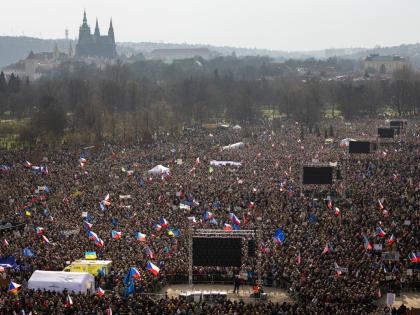 People gather to take part in a large anti-government protest in Prague, Czech Republic.