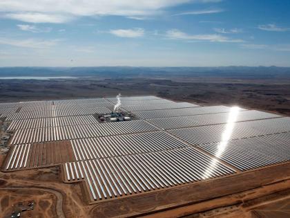 An aerial view of a solar power plant in Ouarzazate, central Morocco.