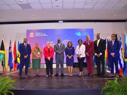 Several Caribbean ministers of education at CXC’s Inaugural Regional Education Conference and Ministerial Forum: From left are Danny Butcher, from Saint Lucia; Octavia Afred from Dominica; Marcia Potter, deputy chair of CXC; Phillip Jackson, from St Vinc