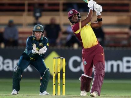 Hayley Matthews on the go during her half-century against Australia in the second T20 International match on Saturday.