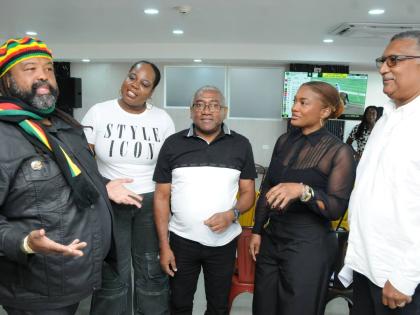 Solomon Sharpe (left), executive chairman of Supreme Ventures Racing and Entertainment Limited, addresses stakeholders and media personnel during the official press launch of the fifth running of the Mouttet Mile at Caymanas Park on Saturday.