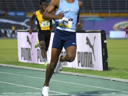 Edwin Allen’s Romario Finnigan powers to a personal best 10.18 seconds in the Boys’ Class One 100m preliminaries at the ISSA/GraceKennedy Boys and Girls’ Athletics Championships at the National Stadium on March 24, 2026. (Ian Allen photo)