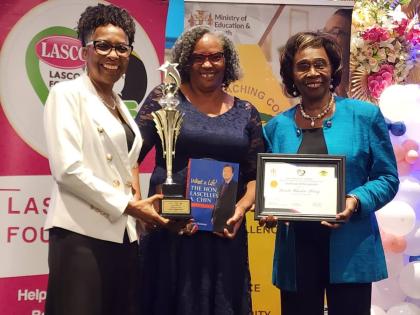 From Left: Lasco Chin Foundation CEO Rosalea Hamilton Dr Winsome Gordon, Dorette Rhoden Henry, Mathematics and Information Technology teacher at deCarteret College in Manchester, and CEO of the Jamaica Teaching Council, Dr Winsome Gordon, at the 2025-2026 