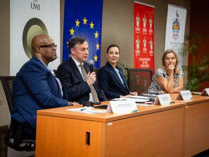 From left: Professor Lloyd Waller, director, SALISES ,The UWI Mona; David McAllister, member of the European Parliament; Minister of Foreign Affairs and Foreign Trade Senator Kamina Johnson Smith, and Dr Erja Askola, EU ambassador to Jamaica, following the