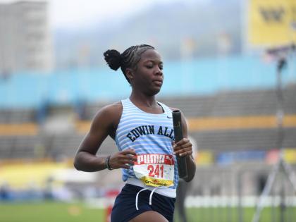 Team Edwin Allen in the girls Class One 4x100m at Champs 2026.